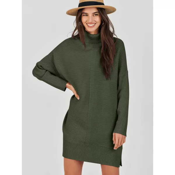 imageANRABESS Womens Oversized Turtleneck Sweaters Dress Pullover Batwing Sleeve Split Hem 2023 Winter Casual Short DressDark Green