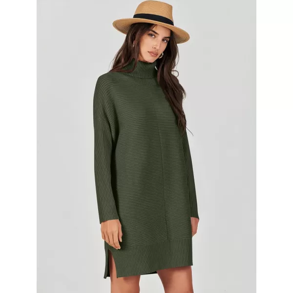 imageANRABESS Womens Oversized Turtleneck Sweaters Dress Pullover Batwing Sleeve Split Hem 2023 Winter Casual Short DressDark Green