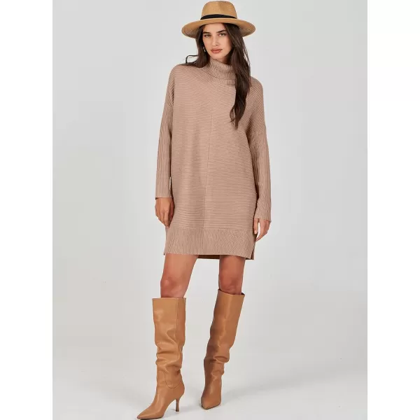 imageANRABESS Womens Oversized Turtleneck Sweaters Dress Pullover Batwing Sleeve Split Hem 2023 Winter Casual Short DressDeep Apricot