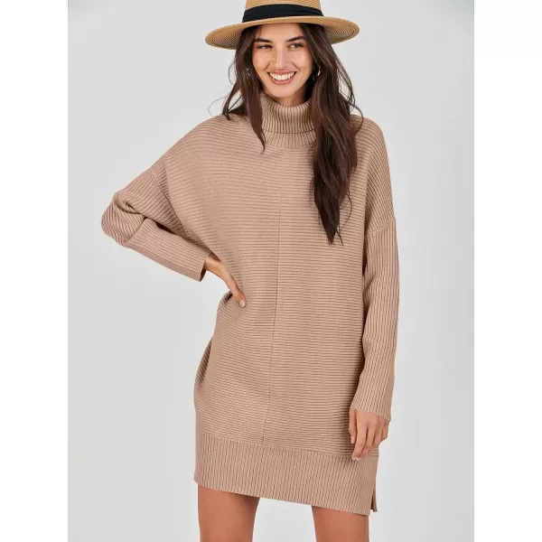 imageANRABESS Womens Oversized Turtleneck Sweaters Dress Pullover Batwing Sleeve Split Hem 2023 Winter Casual Short DressDeep Apricot