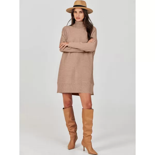 imageANRABESS Womens Oversized Turtleneck Sweaters Dress Pullover Batwing Sleeve Split Hem 2023 Winter Casual Short DressDeep Apricot
