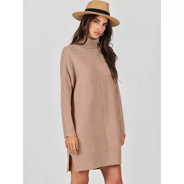imageANRABESS Womens Oversized Turtleneck Sweaters Dress Pullover Batwing Sleeve Split Hem 2023 Winter Casual Short DressDeep Apricot