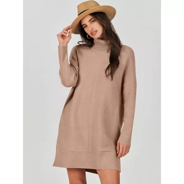 imageANRABESS Womens Oversized Turtleneck Sweaters Dress Pullover Batwing Sleeve Split Hem 2023 Winter Casual Short DressDeep Apricot