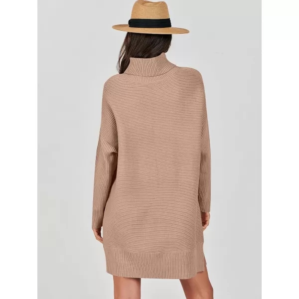 imageANRABESS Womens Oversized Turtleneck Sweaters Dress Pullover Batwing Sleeve Split Hem 2023 Winter Casual Short DressDeep Apricot