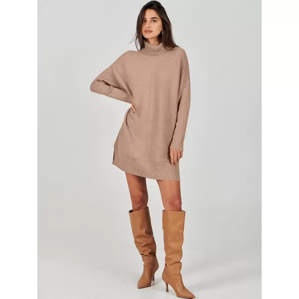 imageANRABESS Womens Oversized Turtleneck Sweaters Dress Pullover Batwing Sleeve Split Hem 2023 Winter Casual Short DressDeep Apricot