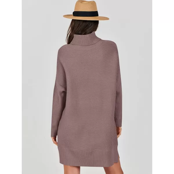imageANRABESS Womens Oversized Turtleneck Sweaters Dress Pullover Batwing Sleeve Split Hem 2023 Winter Casual Short DressNutmeg