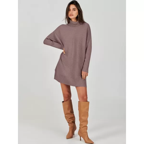 imageANRABESS Womens Oversized Turtleneck Sweaters Dress Pullover Batwing Sleeve Split Hem 2023 Winter Casual Short DressNutmeg