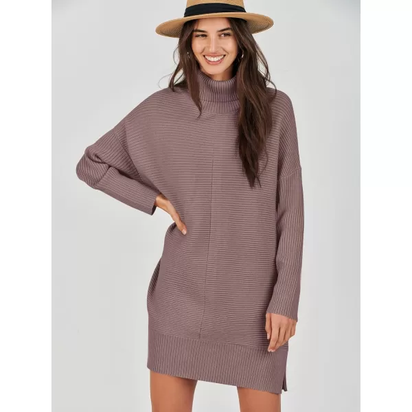 imageANRABESS Womens Oversized Turtleneck Sweaters Dress Pullover Batwing Sleeve Split Hem 2023 Winter Casual Short DressNutmeg