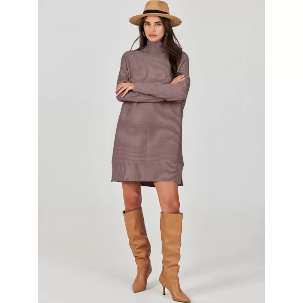 imageANRABESS Womens Oversized Turtleneck Sweaters Dress Pullover Batwing Sleeve Split Hem 2023 Winter Casual Short DressNutmeg