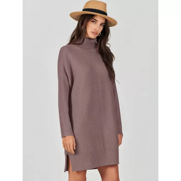 imageANRABESS Womens Oversized Turtleneck Sweaters Dress Pullover Batwing Sleeve Split Hem 2023 Winter Casual Short DressNutmeg