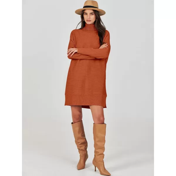 imageANRABESS Womens Oversized Turtleneck Sweaters Dress Pullover Batwing Sleeve Split Hem 2023 Winter Casual Short DressRust