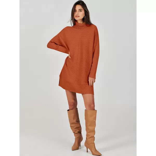 imageANRABESS Womens Oversized Turtleneck Sweaters Dress Pullover Batwing Sleeve Split Hem 2023 Winter Casual Short DressRust