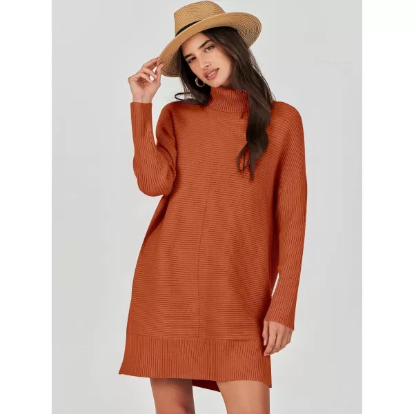 imageANRABESS Womens Oversized Turtleneck Sweaters Dress Pullover Batwing Sleeve Split Hem 2023 Winter Casual Short DressRust