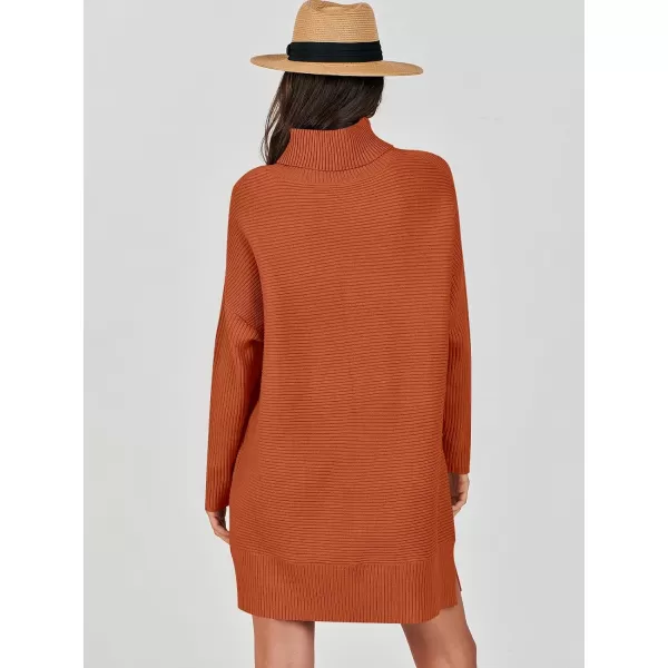 imageANRABESS Womens Oversized Turtleneck Sweaters Dress Pullover Batwing Sleeve Split Hem 2023 Winter Casual Short DressRust