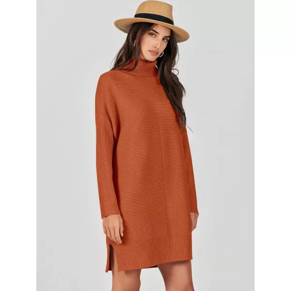 imageANRABESS Womens Oversized Turtleneck Sweaters Dress Pullover Batwing Sleeve Split Hem 2023 Winter Casual Short DressRust