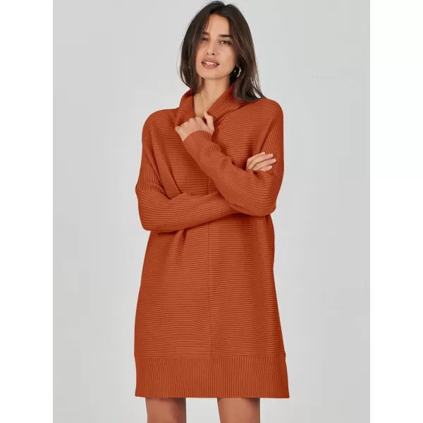 imageANRABESS Womens Oversized Turtleneck Sweaters Dress Pullover Batwing Sleeve Split Hem 2023 Winter Casual Short DressRust