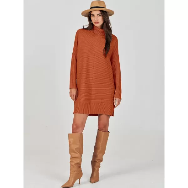 imageANRABESS Womens Oversized Turtleneck Sweaters Dress Pullover Batwing Sleeve Split Hem 2023 Winter Casual Short DressRust