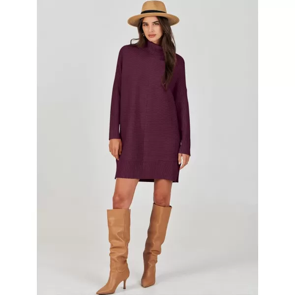 imageANRABESS Womens Oversized Turtleneck Sweaters Dress Pullover Batwing Sleeve Split Hem 2023 Winter Casual Short DressWine Red