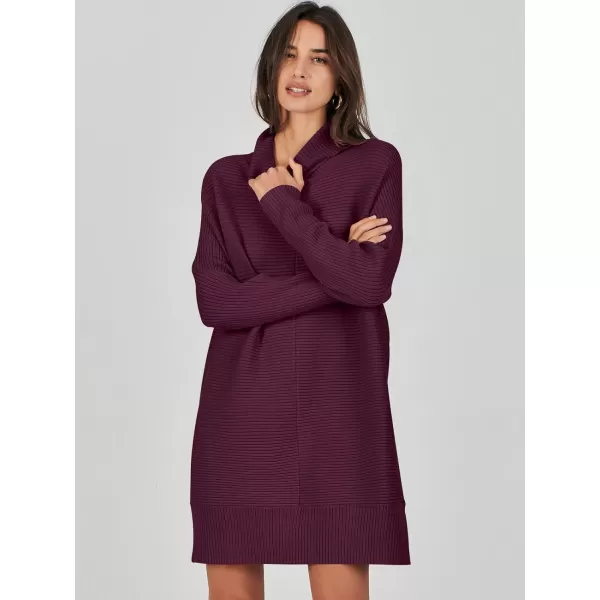 imageANRABESS Womens Oversized Turtleneck Sweaters Dress Pullover Batwing Sleeve Split Hem 2023 Winter Casual Short DressWine Red