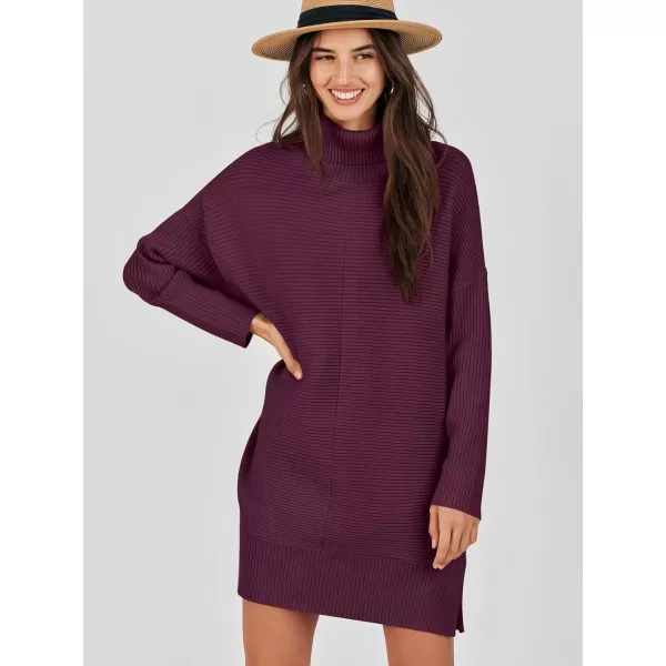 imageANRABESS Womens Oversized Turtleneck Sweaters Dress Pullover Batwing Sleeve Split Hem 2023 Winter Casual Short DressWine Red