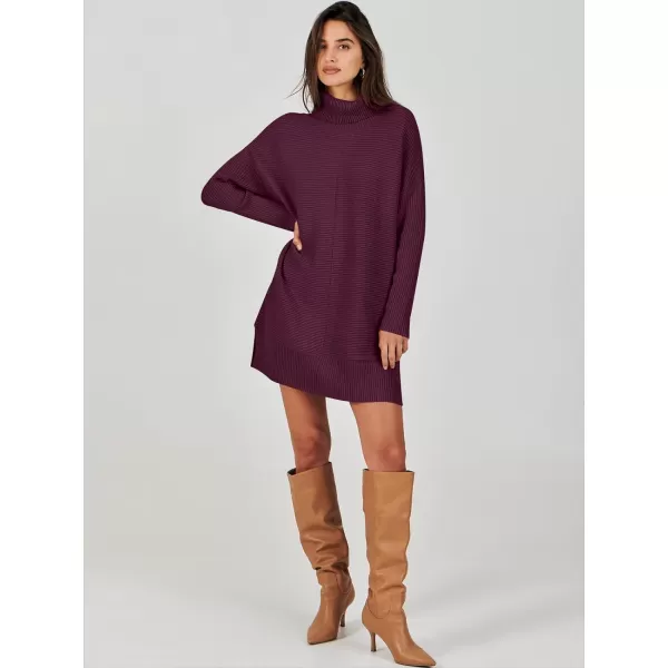 imageANRABESS Womens Oversized Turtleneck Sweaters Dress Pullover Batwing Sleeve Split Hem 2023 Winter Casual Short DressWine Red