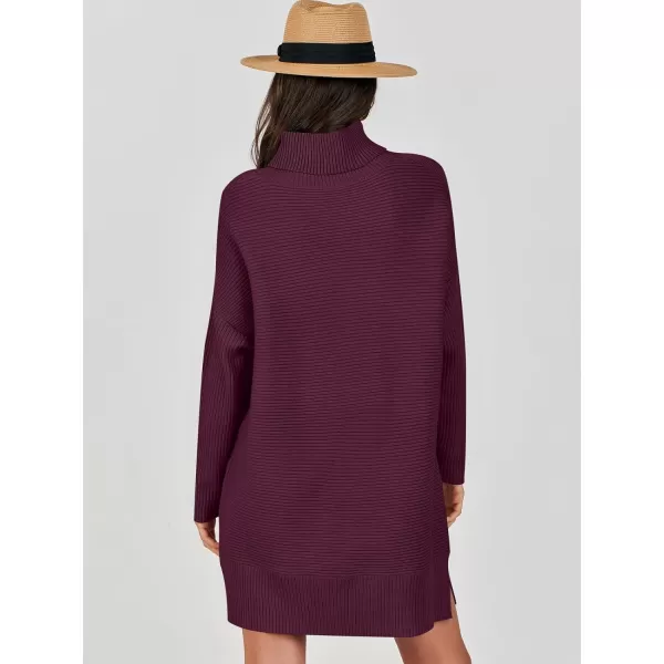 imageANRABESS Womens Oversized Turtleneck Sweaters Dress Pullover Batwing Sleeve Split Hem 2023 Winter Casual Short DressWine Red