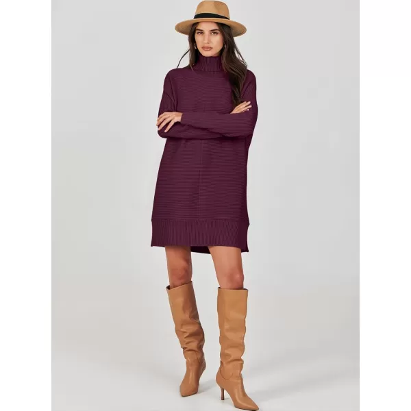 imageANRABESS Womens Oversized Turtleneck Sweaters Dress Pullover Batwing Sleeve Split Hem 2023 Winter Casual Short DressWine Red