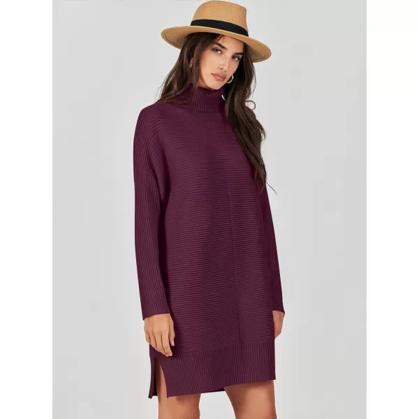 imageANRABESS Womens Oversized Turtleneck Sweaters Dress Pullover Batwing Sleeve Split Hem 2023 Winter Casual Short DressWine Red