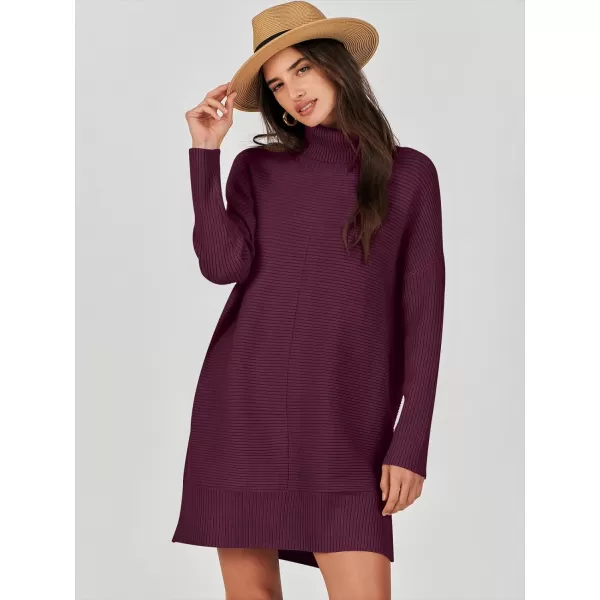 imageANRABESS Womens Oversized Turtleneck Sweaters Dress Pullover Batwing Sleeve Split Hem 2023 Winter Casual Short DressWine Red