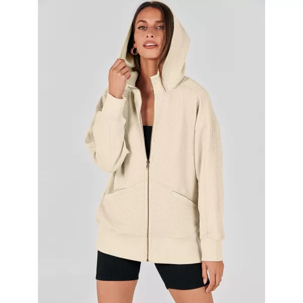imageANRABESS Womens Oversized Zip Up Hoodies Long Sleeve Waffle Knit Casual Jackets Outerwear 2023 Fall Fashion Trendy ClothesApricot