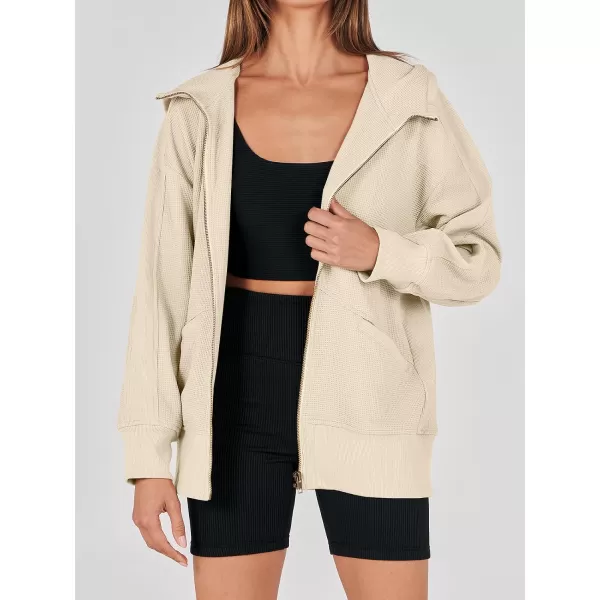 imageANRABESS Womens Oversized Zip Up Hoodies Long Sleeve Waffle Knit Casual Jackets Outerwear 2023 Fall Fashion Trendy ClothesApricot