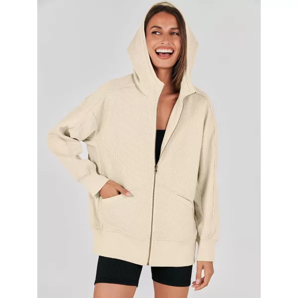 imageANRABESS Womens Oversized Zip Up Hoodies Long Sleeve Waffle Knit Casual Jackets Outerwear 2023 Fall Fashion Trendy ClothesApricot