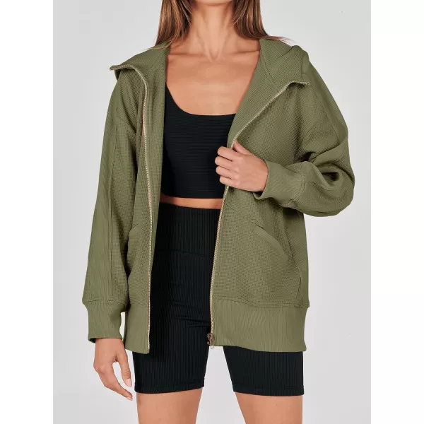 imageANRABESS Womens Oversized Zip Up Hoodies Long Sleeve Waffle Knit Casual Jackets Outerwear 2023 Fall Fashion Trendy ClothesArmy Green