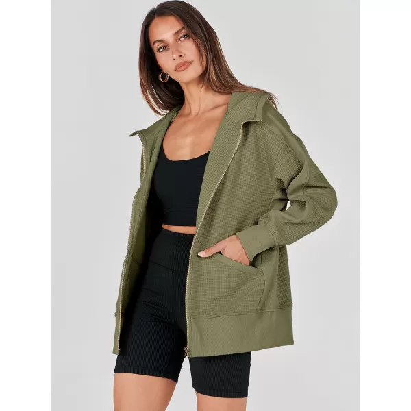 imageANRABESS Womens Oversized Zip Up Hoodies Long Sleeve Waffle Knit Casual Jackets Outerwear 2023 Fall Fashion Trendy ClothesArmy Green