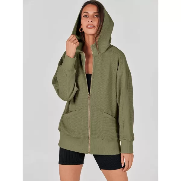 imageANRABESS Womens Oversized Zip Up Hoodies Long Sleeve Waffle Knit Casual Jackets Outerwear 2023 Fall Fashion Trendy ClothesArmy Green