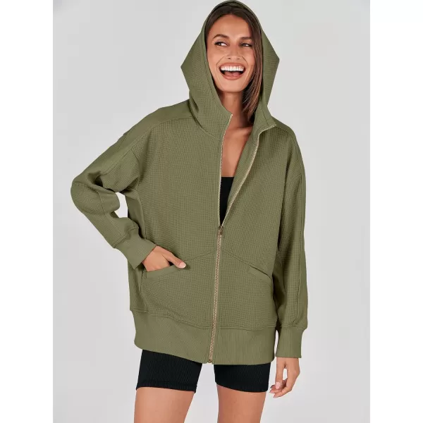 imageANRABESS Womens Oversized Zip Up Hoodies Long Sleeve Waffle Knit Casual Jackets Outerwear 2023 Fall Fashion Trendy ClothesArmy Green