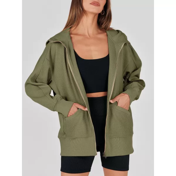 imageANRABESS Womens Oversized Zip Up Hoodies Long Sleeve Waffle Knit Casual Jackets Outerwear 2023 Fall Fashion Trendy ClothesArmy Green