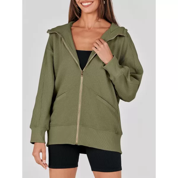 imageANRABESS Womens Oversized Zip Up Hoodies Long Sleeve Waffle Knit Casual Jackets Outerwear 2023 Fall Fashion Trendy ClothesArmy Green