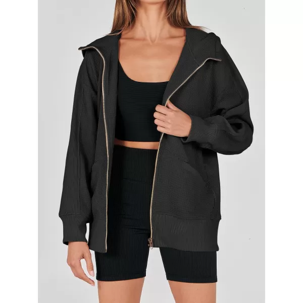imageANRABESS Womens Oversized Zip Up Hoodies Long Sleeve Waffle Knit Casual Jackets Outerwear 2023 Fall Fashion Trendy ClothesBlack
