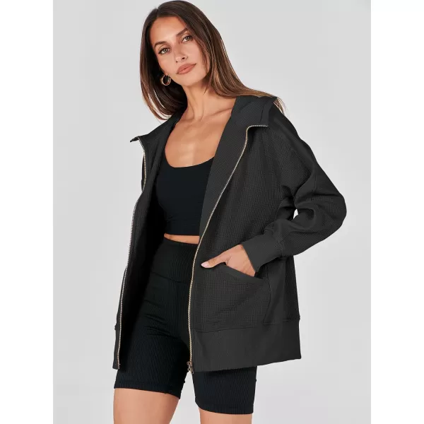 imageANRABESS Womens Oversized Zip Up Hoodies Long Sleeve Waffle Knit Casual Jackets Outerwear 2023 Fall Fashion Trendy ClothesBlack