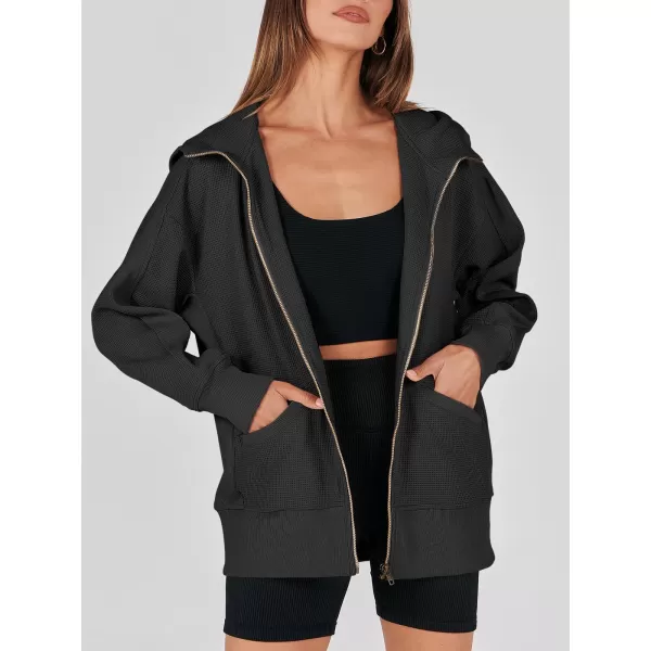 imageANRABESS Womens Oversized Zip Up Hoodies Long Sleeve Waffle Knit Casual Jackets Outerwear 2023 Fall Fashion Trendy ClothesBlack