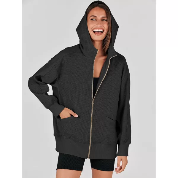 imageANRABESS Womens Oversized Zip Up Hoodies Long Sleeve Waffle Knit Casual Jackets Outerwear 2023 Fall Fashion Trendy ClothesBlack