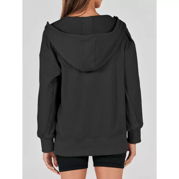 imageANRABESS Womens Oversized Zip Up Hoodies Long Sleeve Waffle Knit Casual Jackets Outerwear 2023 Fall Fashion Trendy ClothesBlack