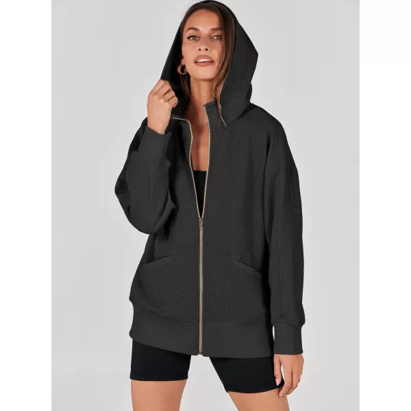 imageANRABESS Womens Oversized Zip Up Hoodies Long Sleeve Waffle Knit Casual Jackets Outerwear 2023 Fall Fashion Trendy ClothesBlack