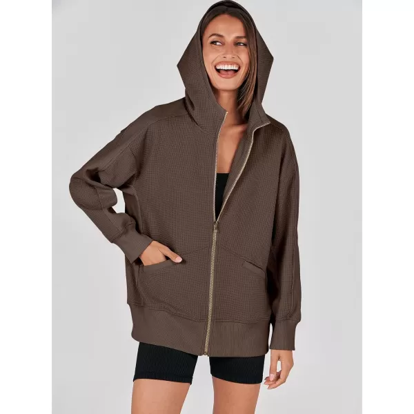 imageANRABESS Womens Oversized Zip Up Hoodies Long Sleeve Waffle Knit Casual Jackets Outerwear 2023 Fall Fashion Trendy ClothesBrown