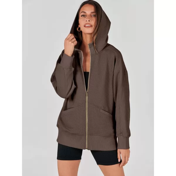imageANRABESS Womens Oversized Zip Up Hoodies Long Sleeve Waffle Knit Casual Jackets Outerwear 2023 Fall Fashion Trendy ClothesBrown