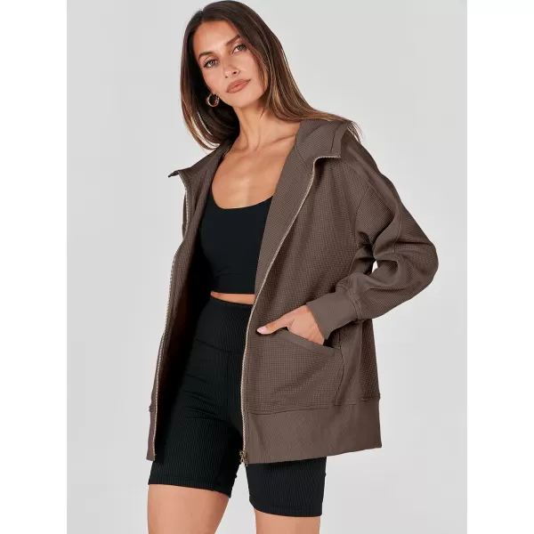 imageANRABESS Womens Oversized Zip Up Hoodies Long Sleeve Waffle Knit Casual Jackets Outerwear 2023 Fall Fashion Trendy ClothesBrown