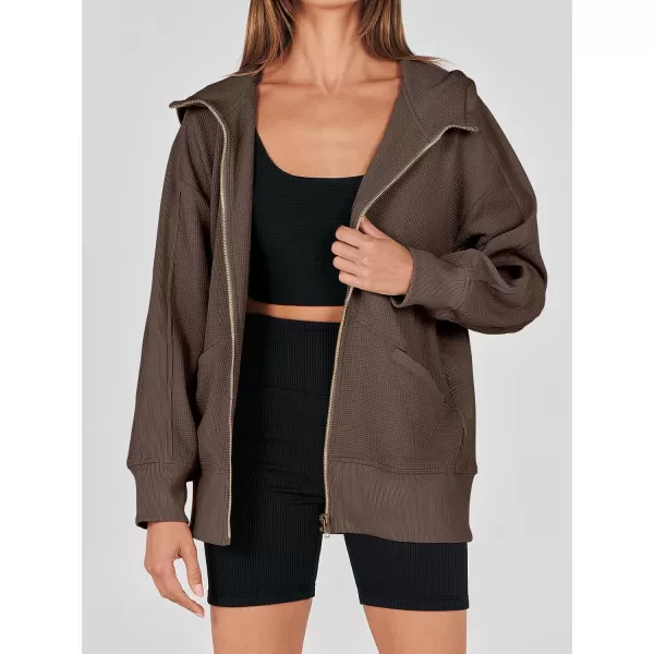 imageANRABESS Womens Oversized Zip Up Hoodies Long Sleeve Waffle Knit Casual Jackets Outerwear 2023 Fall Fashion Trendy ClothesBrown