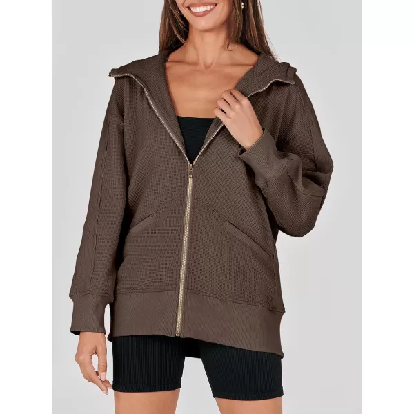 imageANRABESS Womens Oversized Zip Up Hoodies Long Sleeve Waffle Knit Casual Jackets Outerwear 2023 Fall Fashion Trendy ClothesBrown