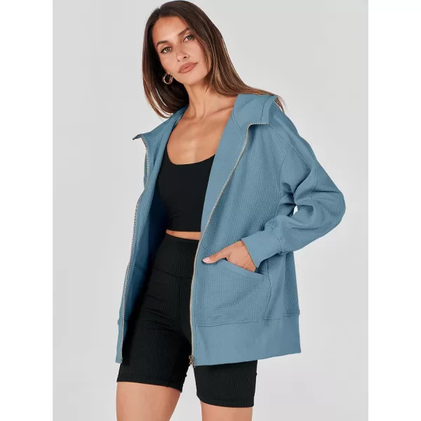 imageANRABESS Womens Oversized Zip Up Hoodies Long Sleeve Waffle Knit Casual Jackets Outerwear 2023 Fall Fashion Trendy ClothesDusty Blue